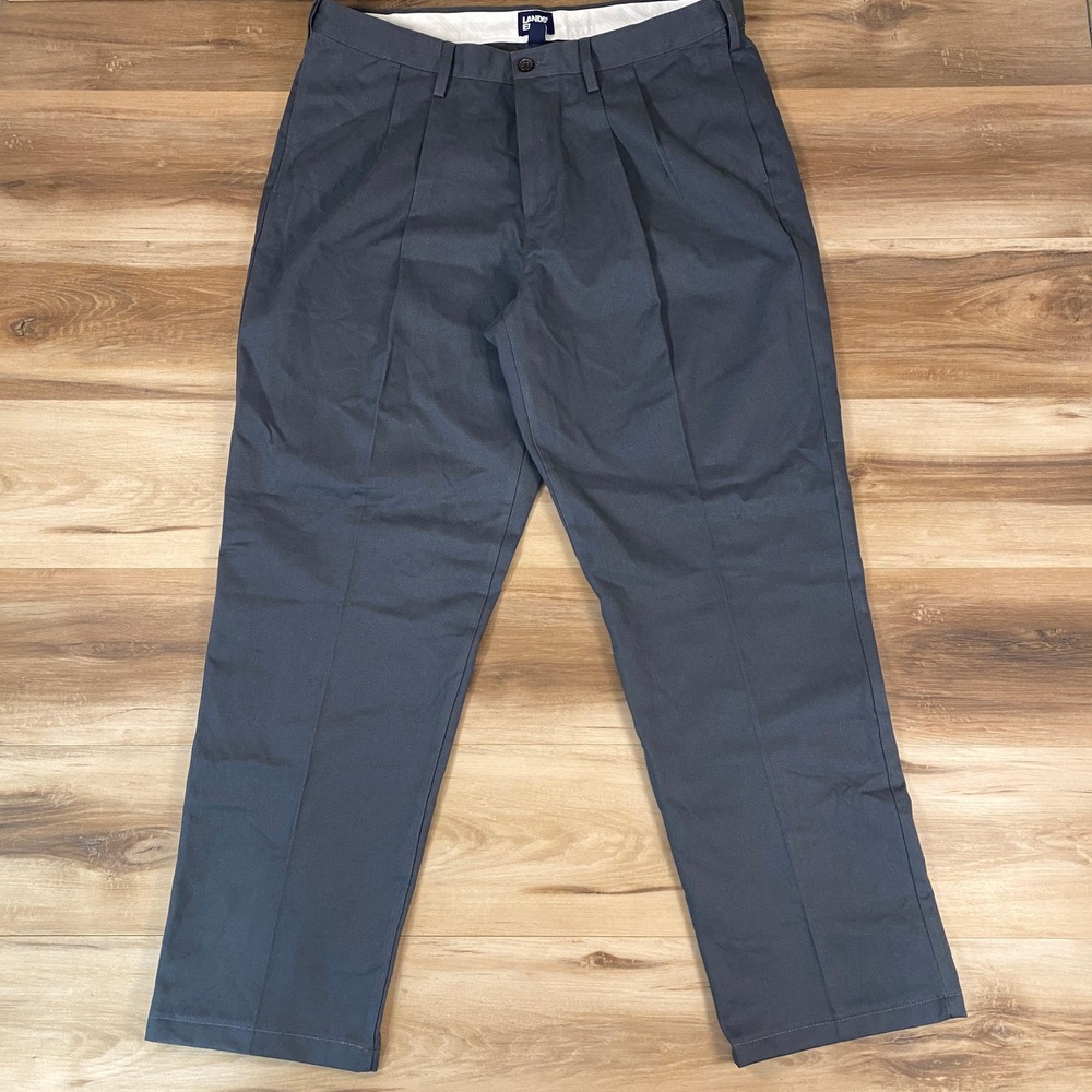 Lands End Mens 38 Traditional Fit Pleated Chino Pants Gray 38x29 Comfort Waist